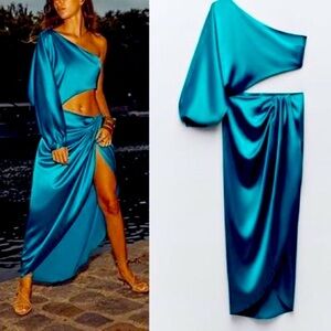 ZARA WOMENS NWT TURQUOISE SATIN EFFECT
ASYMMETRIC DRESS 8159/899
